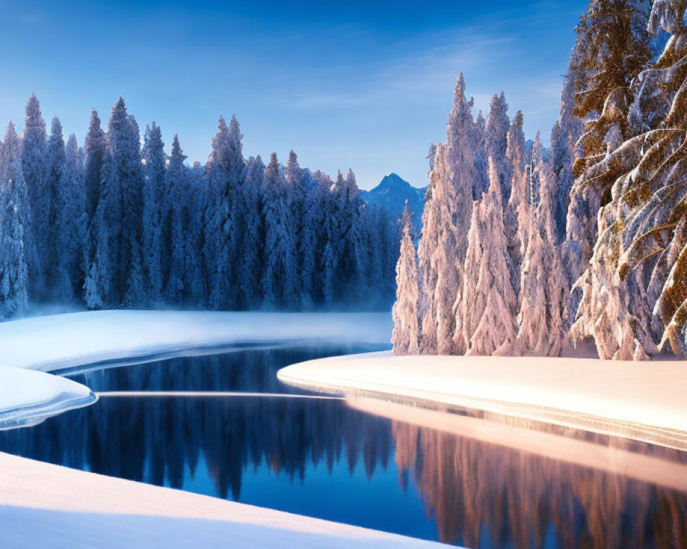 Snow-covered trees reflected in a calm lake in serene winter landscape