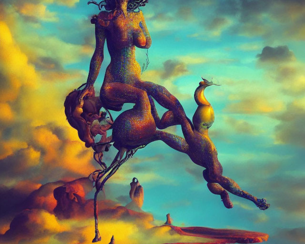 Surreal Artwork: Flexible humanoid figure with eclectic items and creatures in vibrant sky