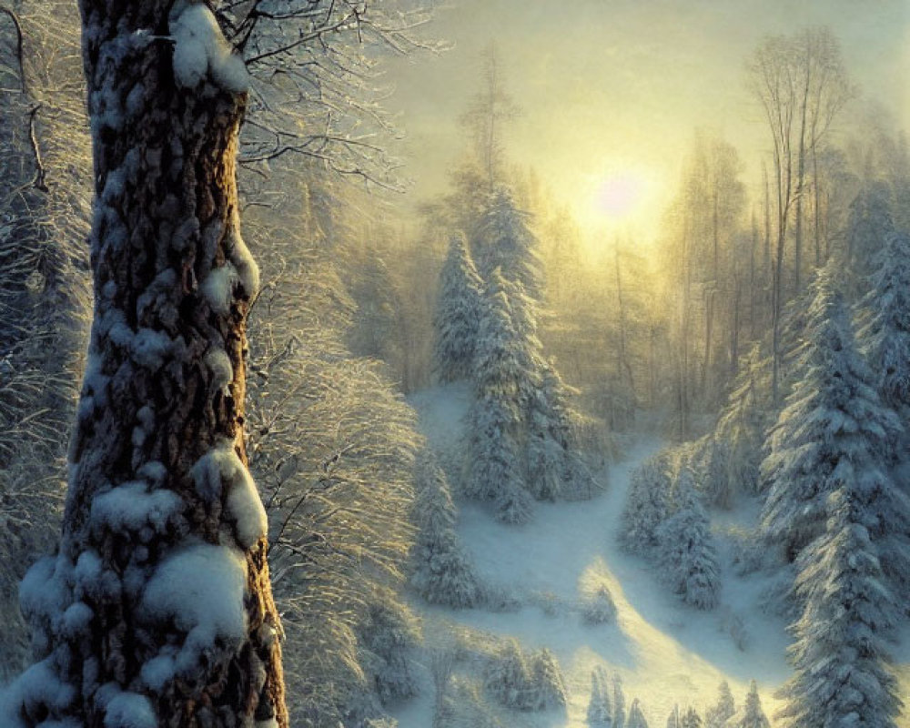 Snow-covered trees in serene winter landscape at sunrise or sunset.