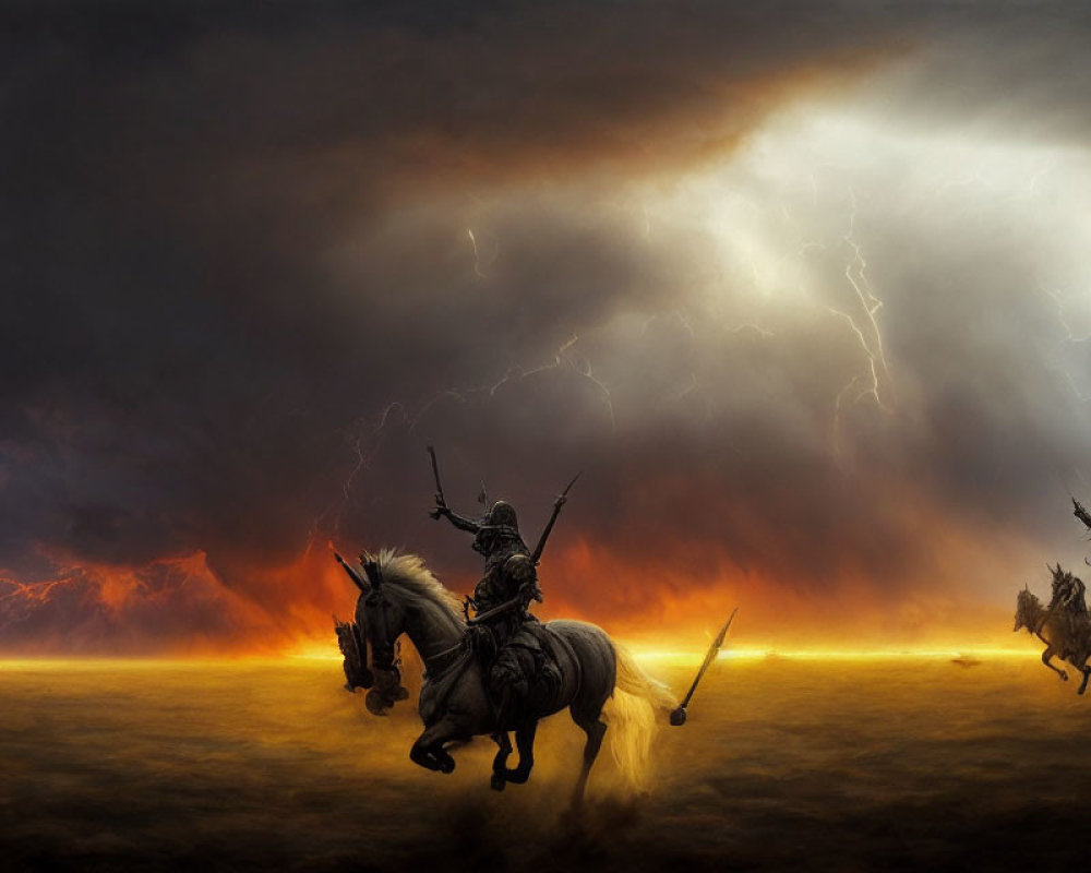 Medieval knights on horseback in stormy battlefield with lightning