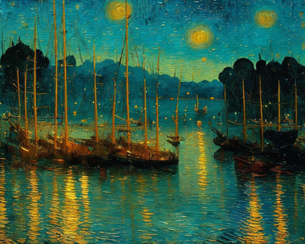 Impressionist-style painting of starry night over harbor with sailboats