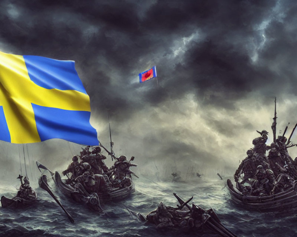 Stormy Sea Battle: Swedish and Russian Flags Flying