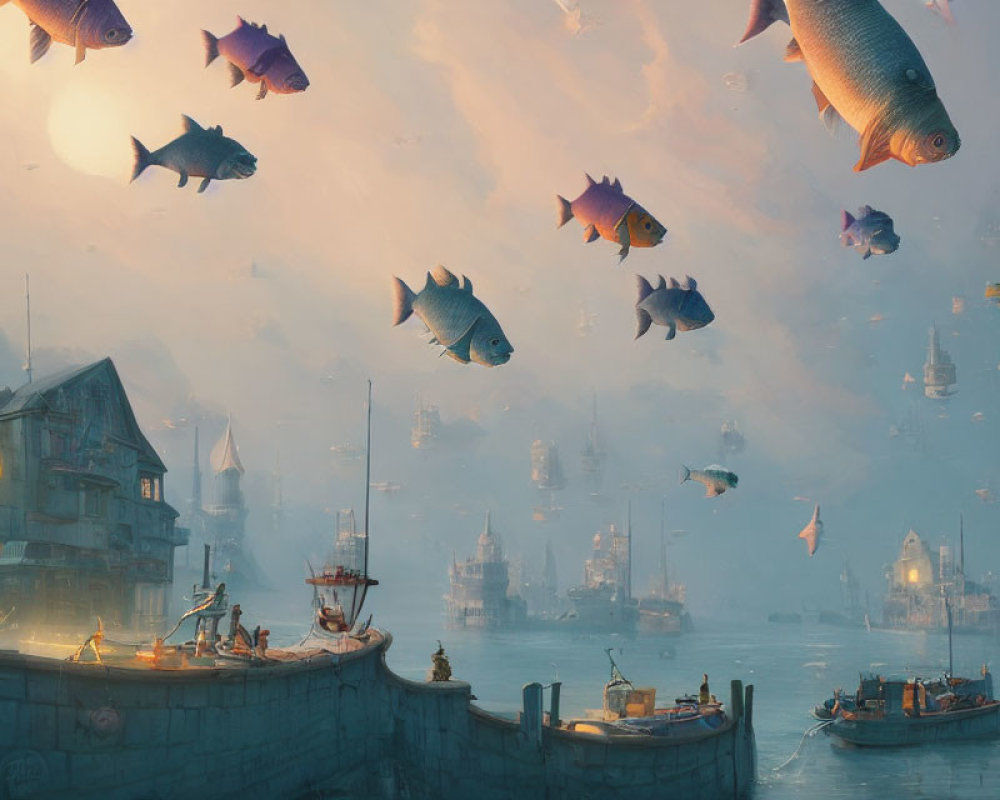 Fantastical sunset cityscape with floating fish, boats, and misty buildings
