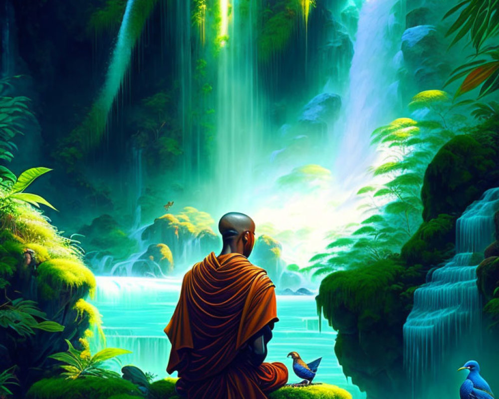 Meditating monk in orange robes by serene waterfall in mystical forest