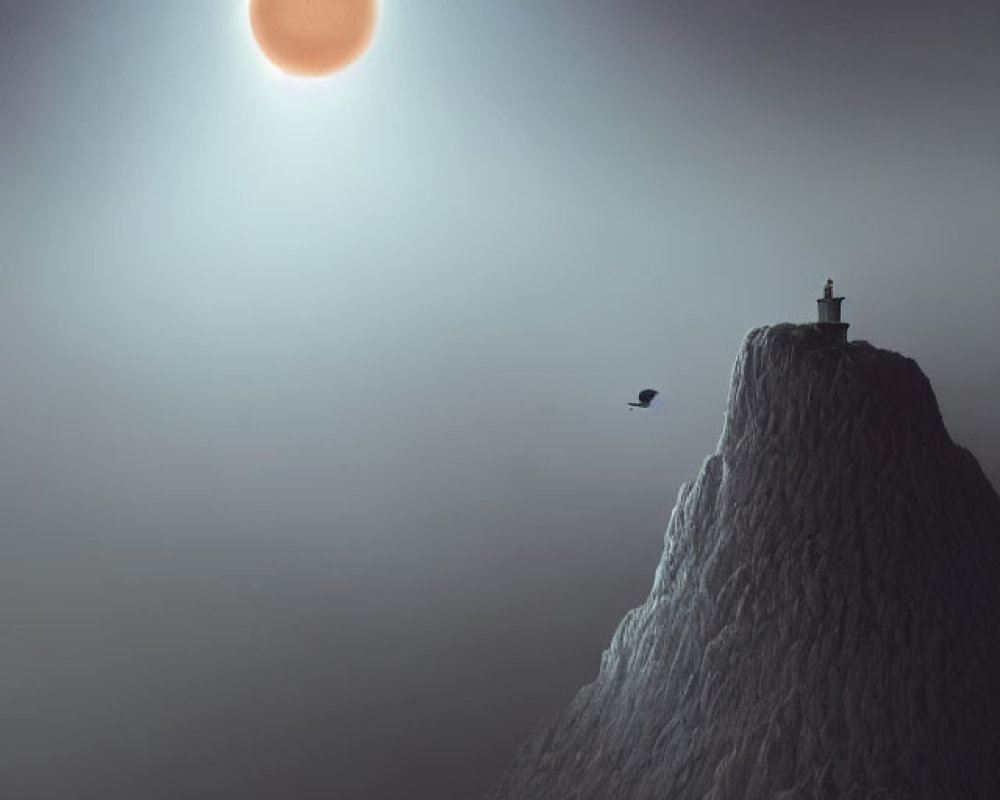 Solitary lighthouse on steep cliff with figure and bird under pale sun