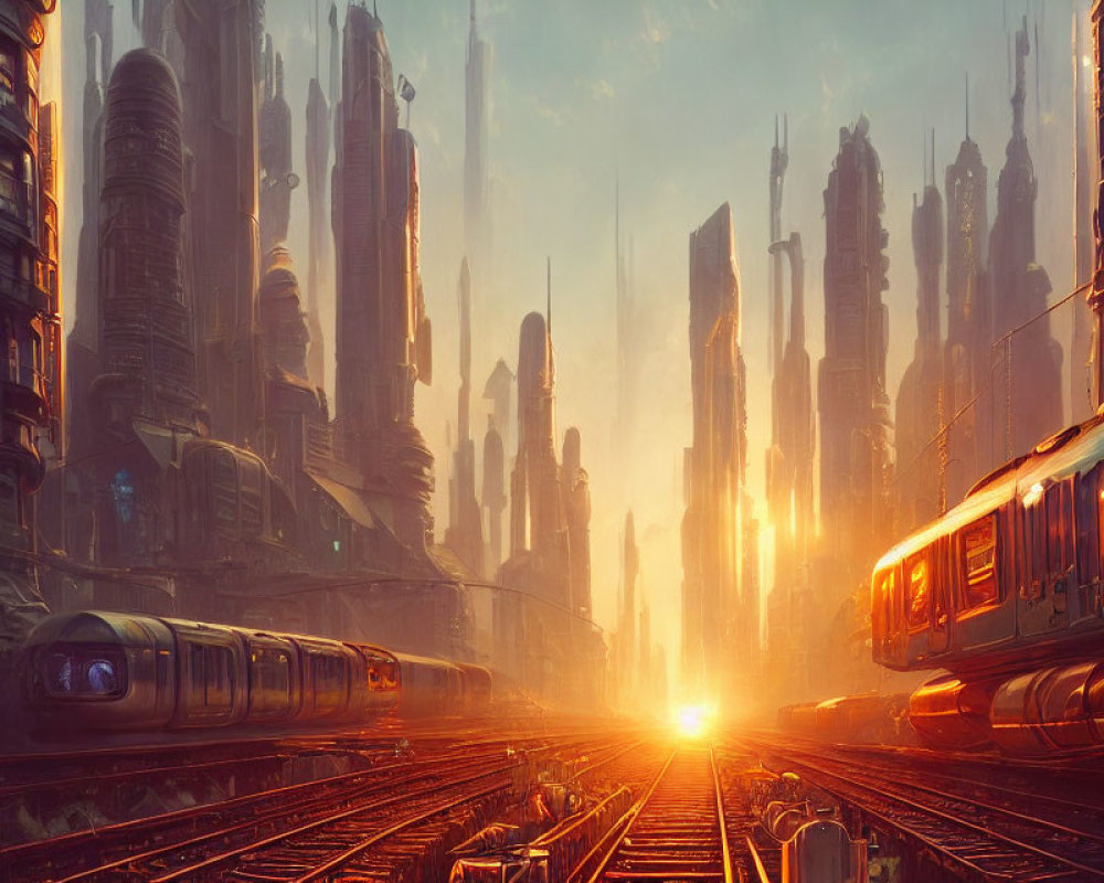 Futuristic cityscape with towering skyscrapers and passing trains