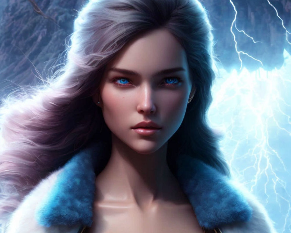 Digital artwork of woman with blue eyes & white hair in fur collar against lightning backdrop