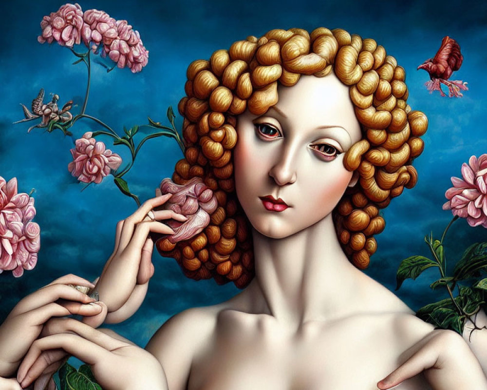 Surreal painting of woman with golden hair, pink flowers, bird, and bee on blue sky
