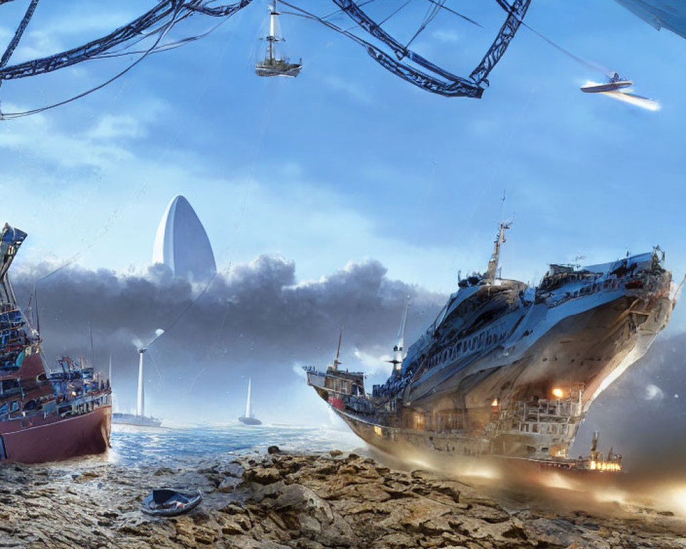 Surreal seascape with sunken ship, futuristic buildings, and moonlit sky
