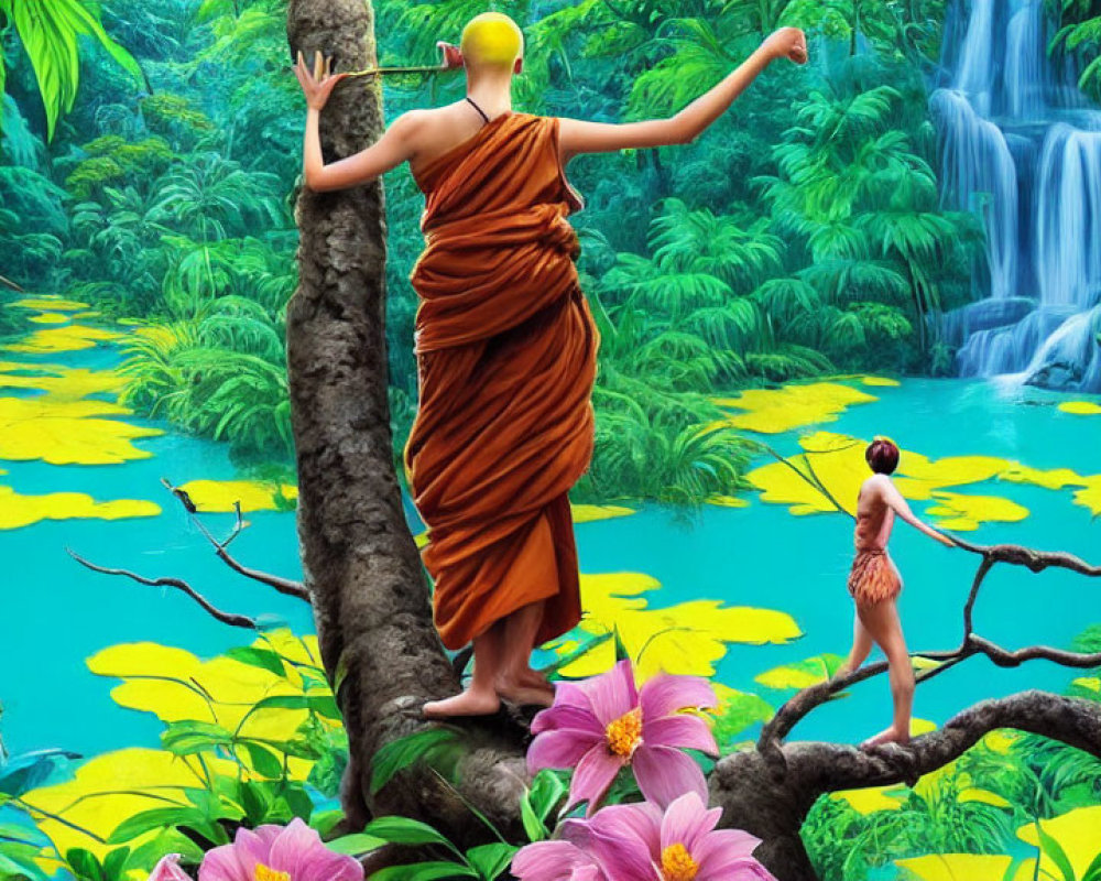 Monk in orange robes on tree branch above lush forest with waterfalls and child.