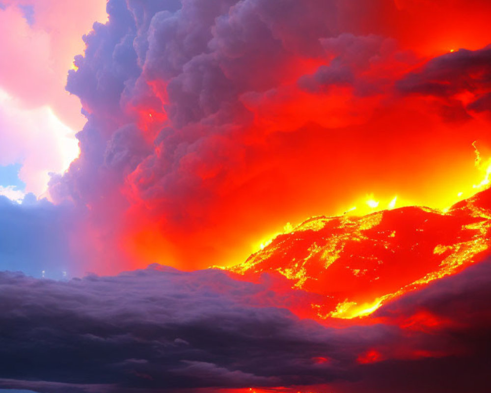 Dramatic sunset with red and orange clouds illuminated by lightning
