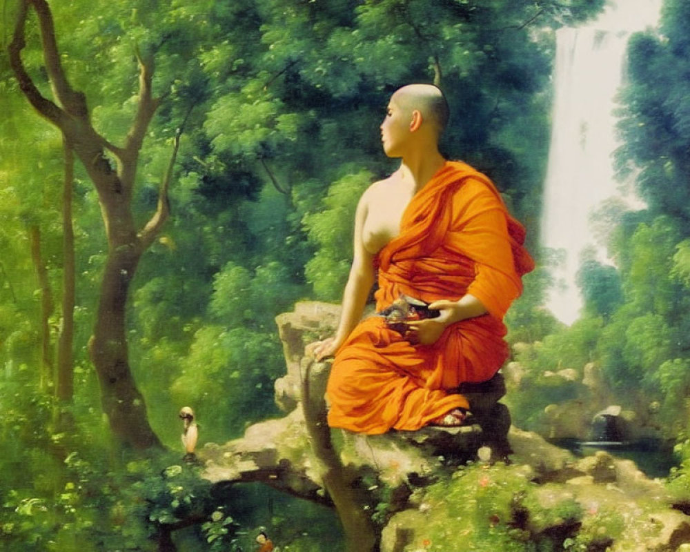 Monk in orange robes meditating by forest waterfall