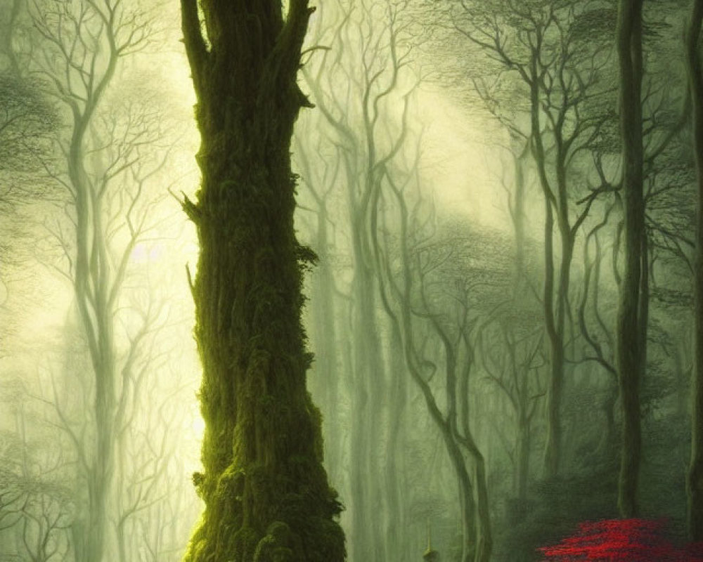 Ethereal forest scene with towering tree, red bush, misty light, and moss-covered ground