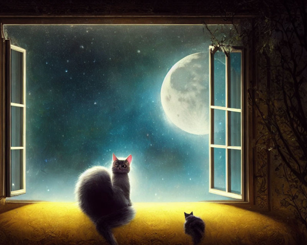 Two cats on windowsill under full moon.