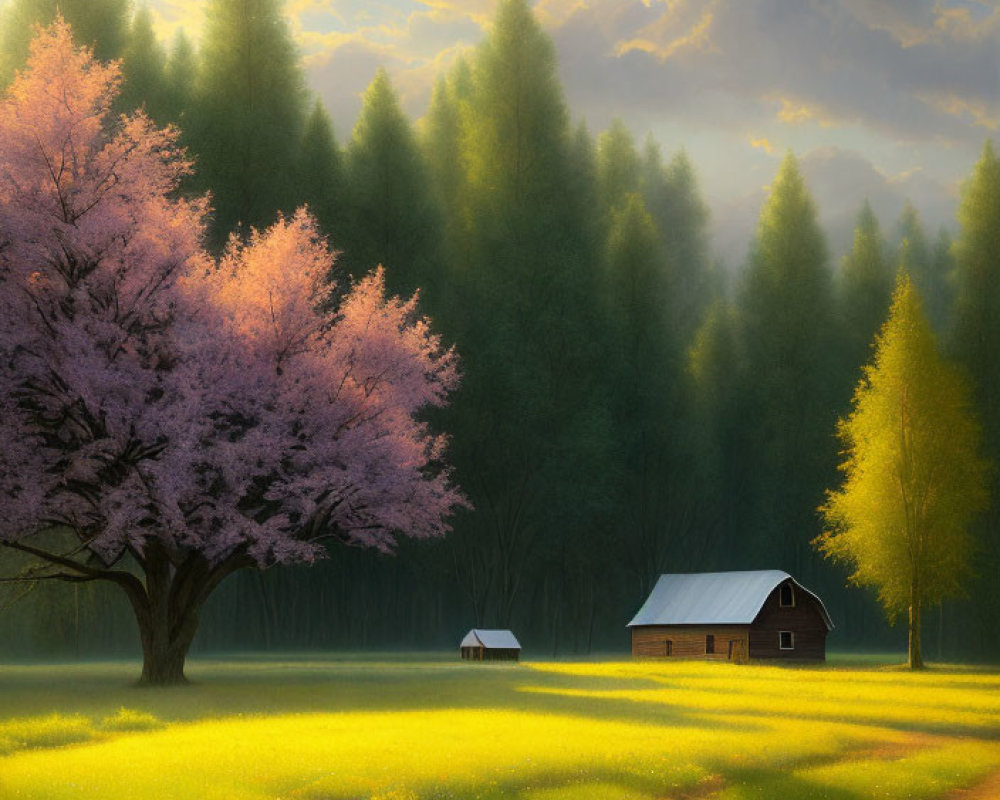 Tranquil landscape with pink blossoming tree, wooden cabin, sunlight, green field, yellow flowers