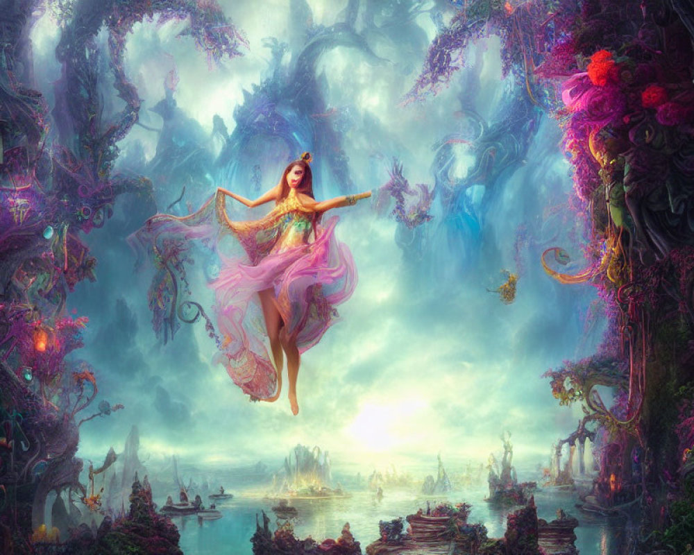 Graceful dancer in vibrant mystical forest with ethereal light
