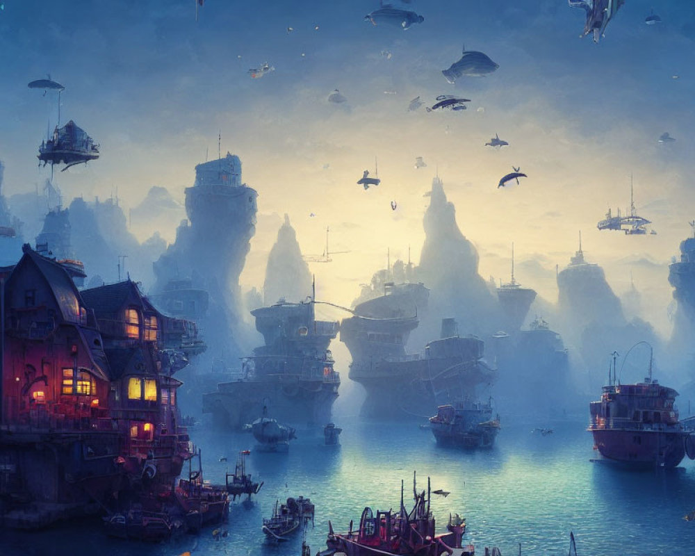 Fantastical dusk cityscape with floating islands and airships