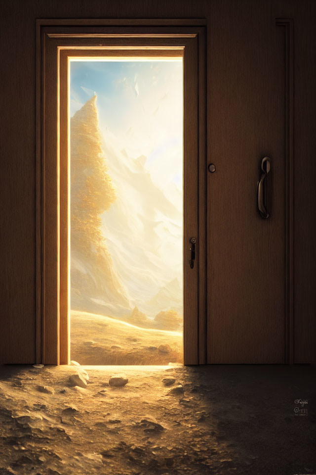 Sunlit vista of towering cliffs and serene valley through an open door