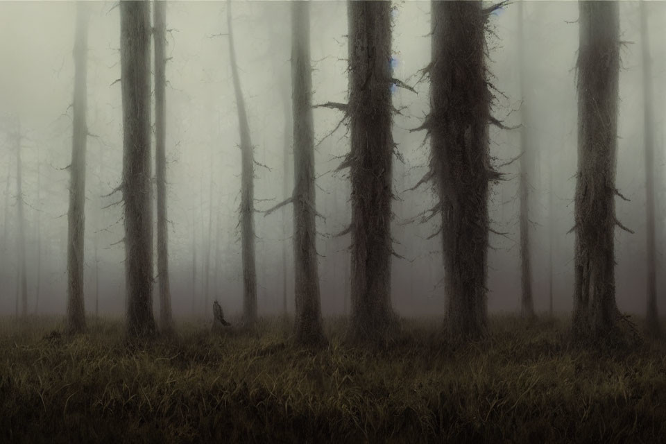 Tranquil foggy forest with tall slender trees