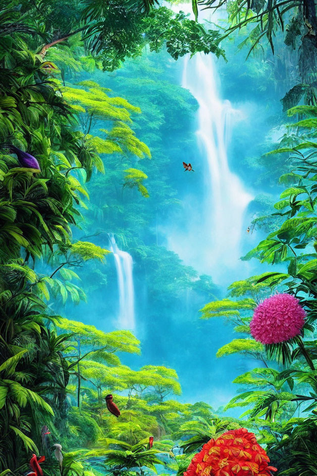 Lush Waterfall in Tropical Setting with Birds and Flowers
