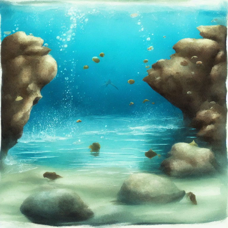 Underwater scene with rocks, floating particles, and lone fish in serene blue.