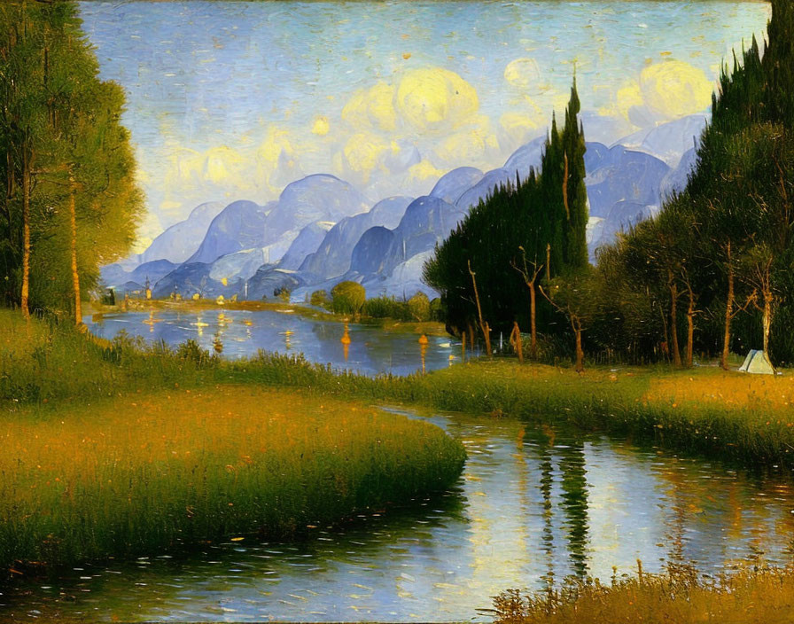Tranquil river landscape with trees, mountains, and clouds