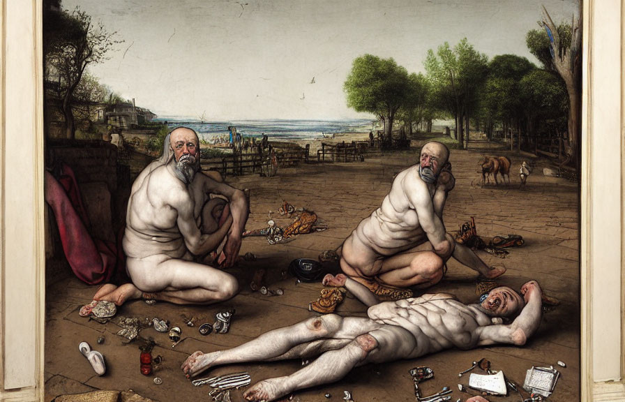 Satirical painting of three nude elderly men with discarded objects and rural scene