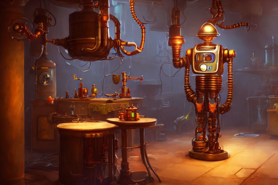 Steampunk-inspired laboratory with humanoid robot and experiments