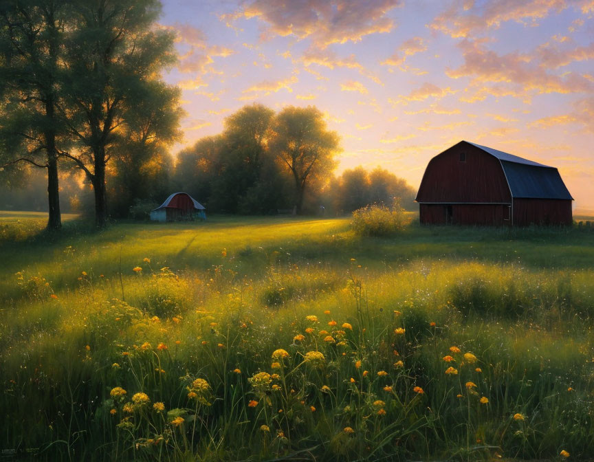 Tranquil red barn and outbuilding in lush landscape at sunrise or sunset