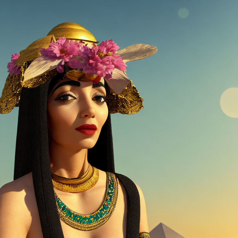 Digital artwork of woman in ancient Egyptian style with headdress, gold necklace, and pyramids.