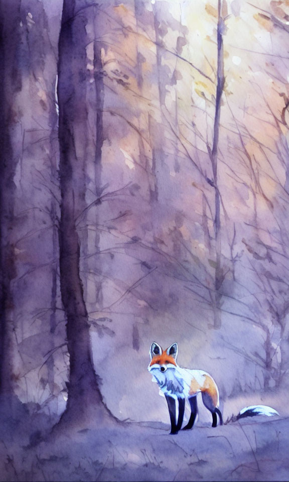 Solitary fox in misty forest with sunbeams - Watercolor painting