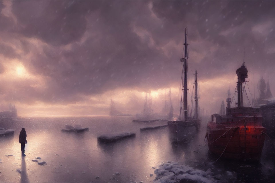 Solitary figure on icy waters at dusk with snow-covered ships and distant lighthouse