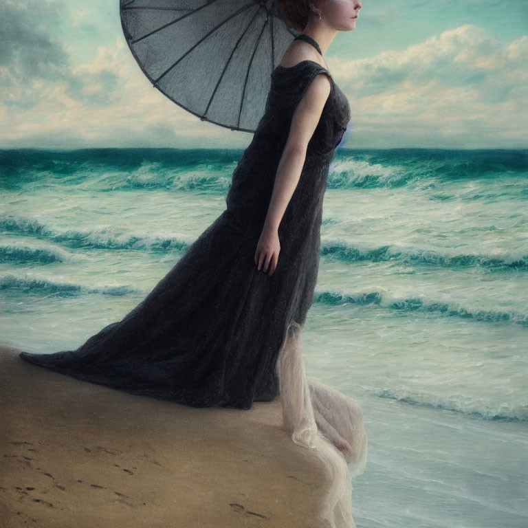Woman in Black Dress with Parasol on Beach Looking at Turbulent Sea Waves
