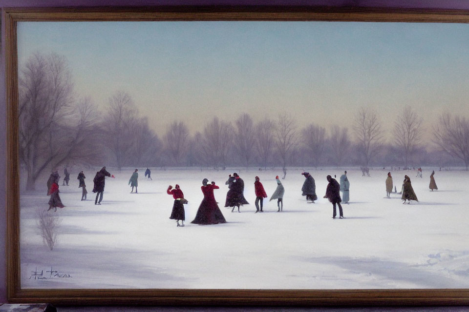 Winter landscape painting: people ice skating on frozen pond