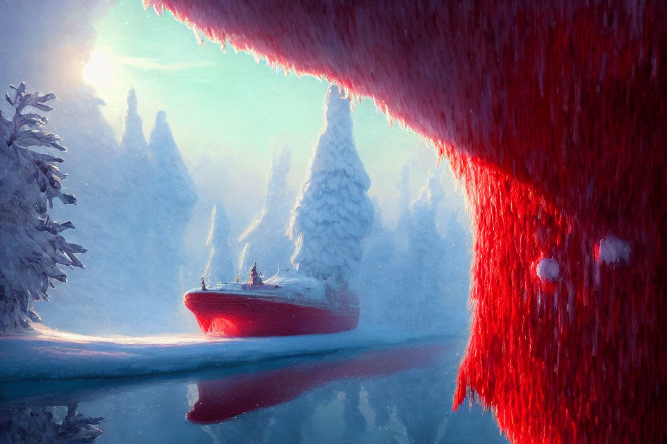 Winter scene: red boat under frozen wave with sunlight and snow-covered trees