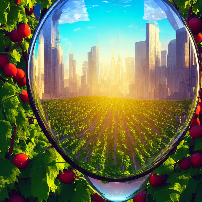 Surreal image of vineyard in bubble with cityscape and blue sky