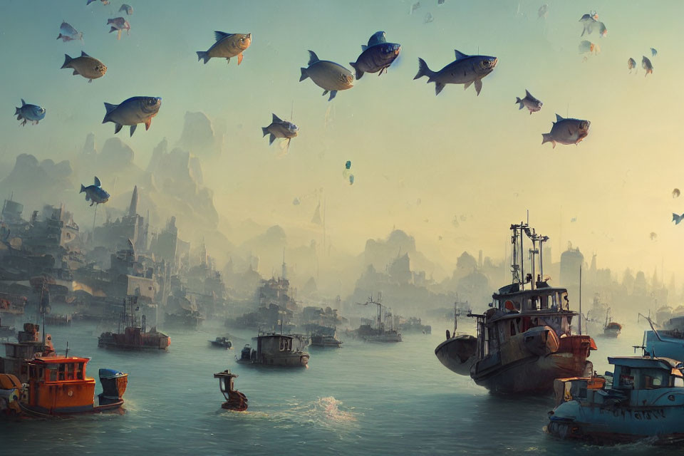 Misty aquatic cityscape with floating boats and flying fish.