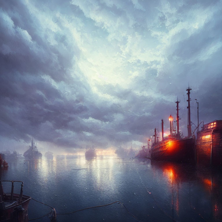 Dramatic port scene with ships under cloudy sky at dawn or dusk