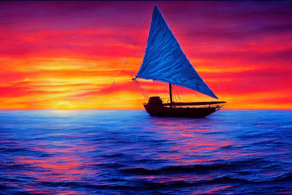 Colorful sailboat on wavy sea under fiery sunset sky