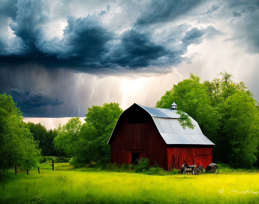Scenic landscape: red barn, silver roof, stormy sky, lightning