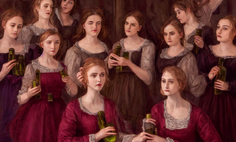 Vintage Dresses Women Holding Green Bottles in Contemplative Brown Setting
