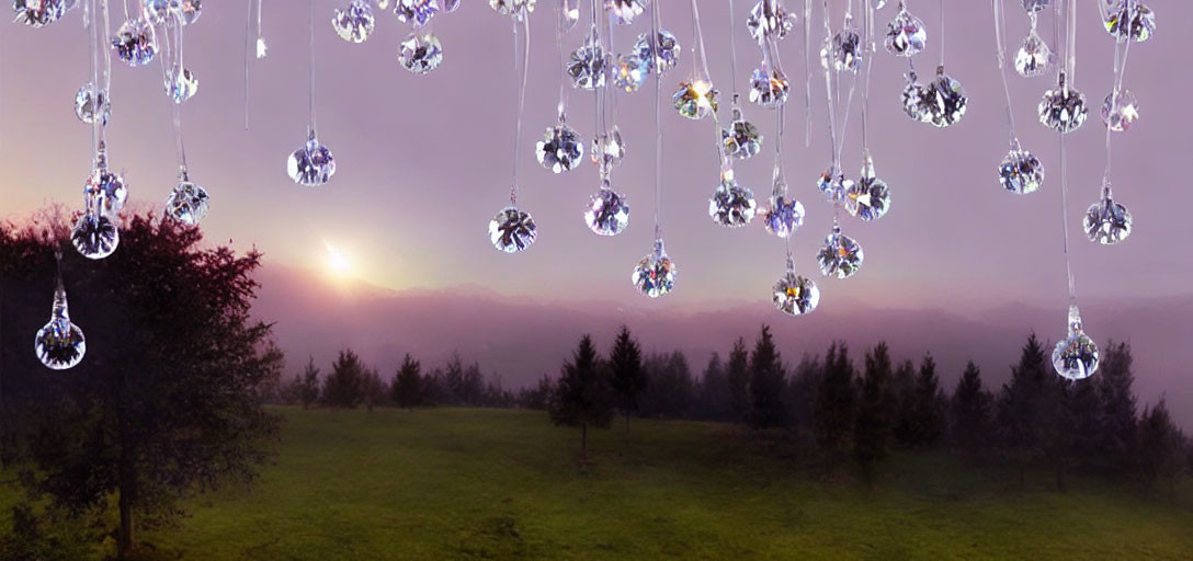 Tranquil field at sunset with gleaming crystal pendants