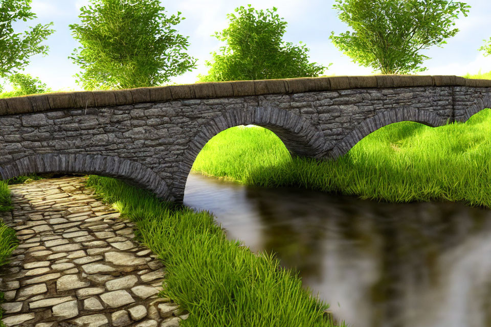 Tranquil stone bridge over stream in lush greenery