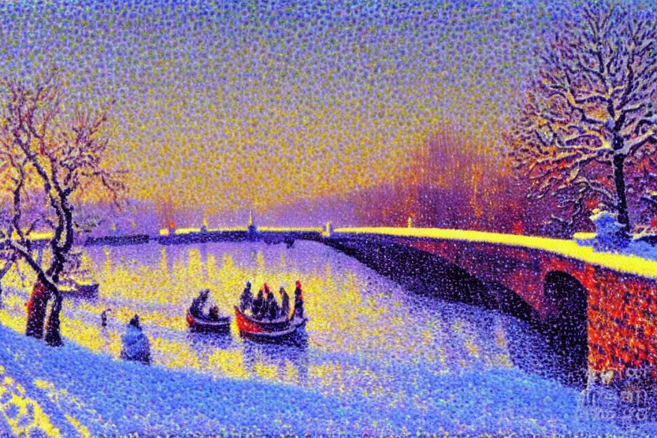 Impressionistic snowy river scene at dusk with bridge and boats