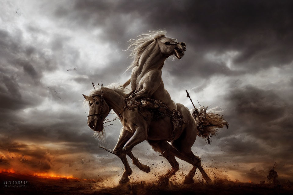 Majestic white horses galloping under stormy sky