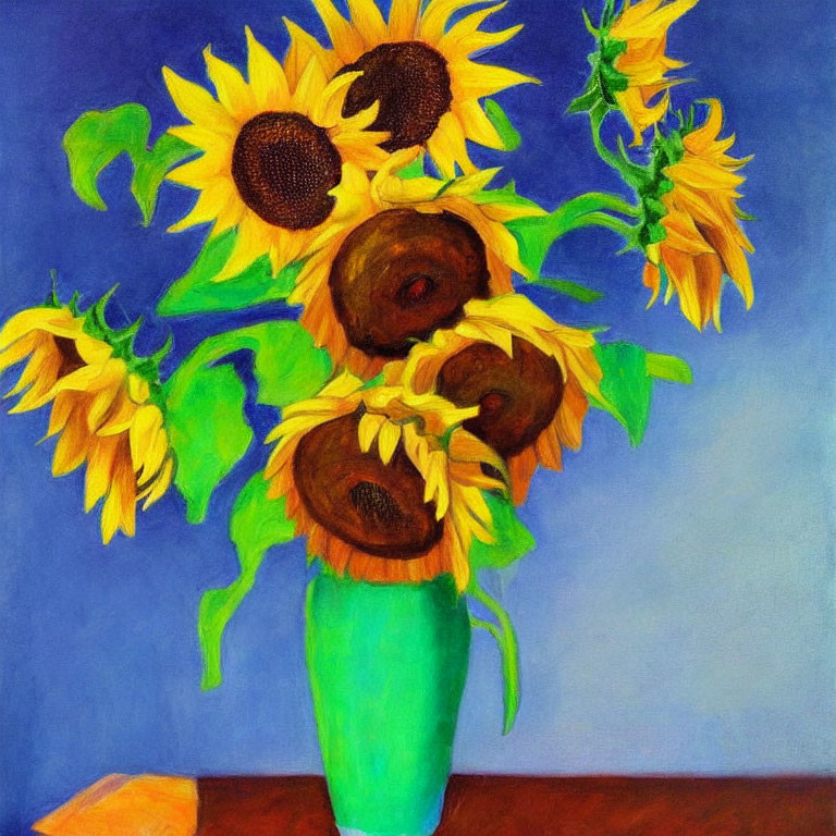 Colorful sunflowers in green vase painting with bold brush strokes