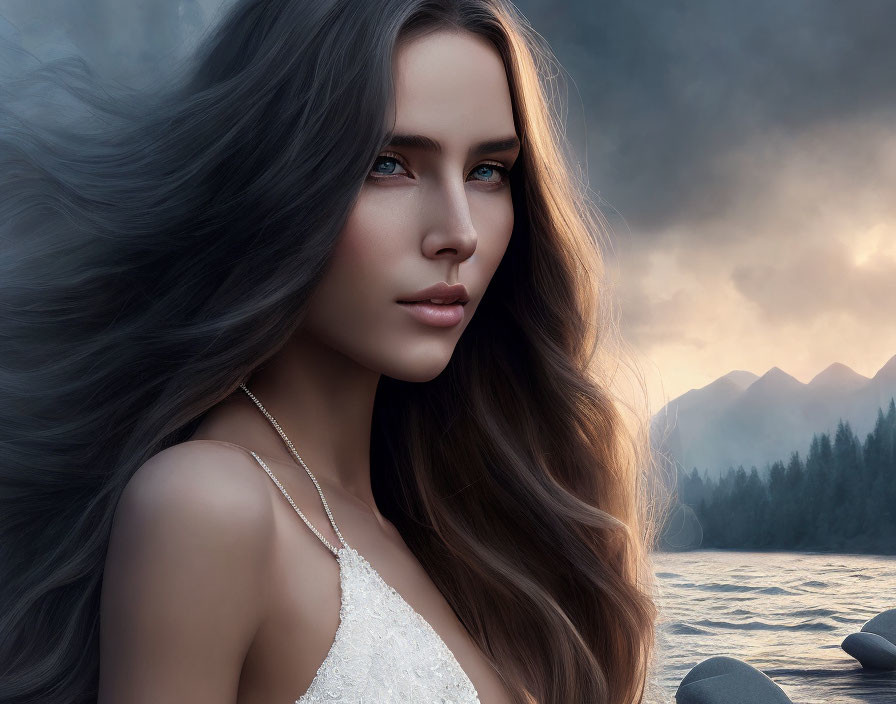 Digital portrait of woman with long hair, blue eyes, in white dress, against misty mountains