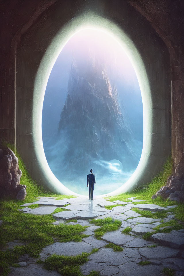 Person gazes through oval portal at path to glowing mountain