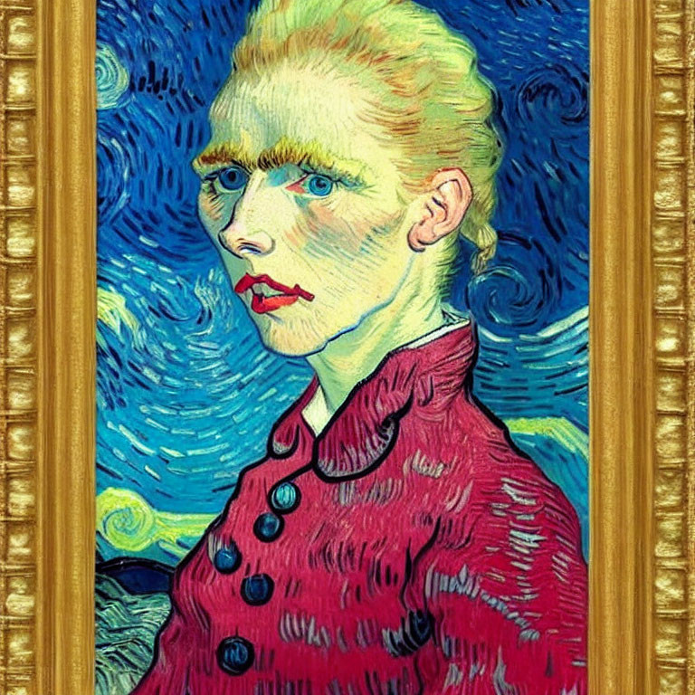 Portrait of Person in High Collar Red Shirt with Swirling Blue Background and Yellow Ornate Frame