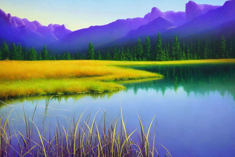 Tranquil lake landscape with lush greenery and mountains
